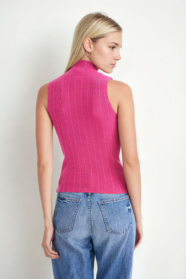 Dik Yaka Örgü Desen Sıfır Kol Triko Bluz - 36