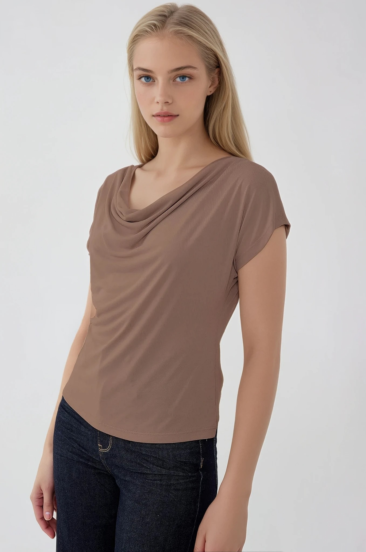 Dökümlü Degaje Yaka Bluz - Thumbnail