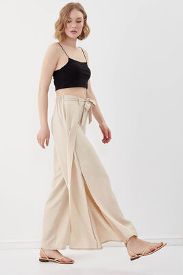 Dökümlü Yanı Yırtmaçlı Beli Bağlamalı Pantolon - 3