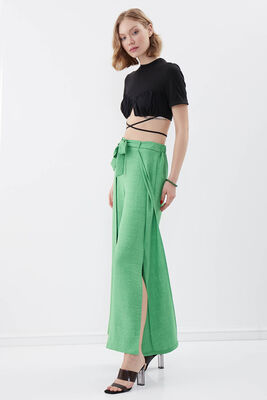 Dökümlü Yanı Yırtmaçlı Beli Bağlamalı Pantolon - 7