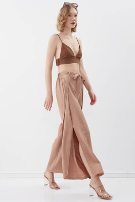 Dökümlü Yanı Yırtmaçlı Beli Bağlamalı Pantolon - 12