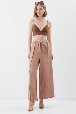 Dökümlü Yanı Yırtmaçlı Beli Bağlamalı Pantolon - 11