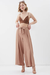 Dökümlü Yanı Yırtmaçlı Beli Bağlamalı Pantolon - 13