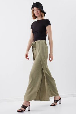 Dökümlü Yanı Yırtmaçlı Beli Bağlamalı Pantolon - 18