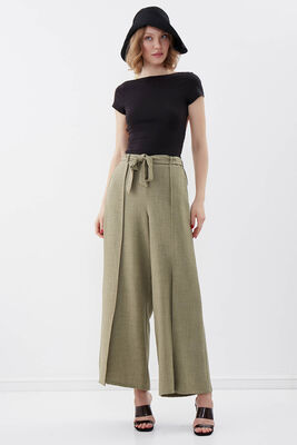 Dökümlü Yanı Yırtmaçlı Beli Bağlamalı Pantolon - 16