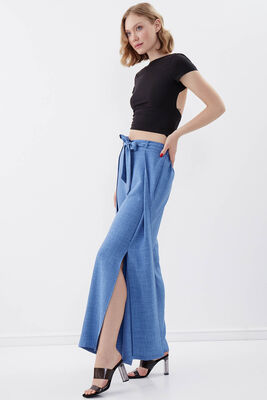 Dökümlü Yanı Yırtmaçlı Beli Bağlamalı Pantolon - 22