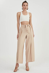 Dökümlü Yanı Yırtmaçlı Beli Bağlamalı Pantolon - 36