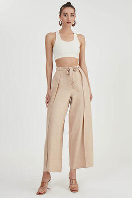 Dökümlü Yanı Yırtmaçlı Beli Bağlamalı Pantolon - 36