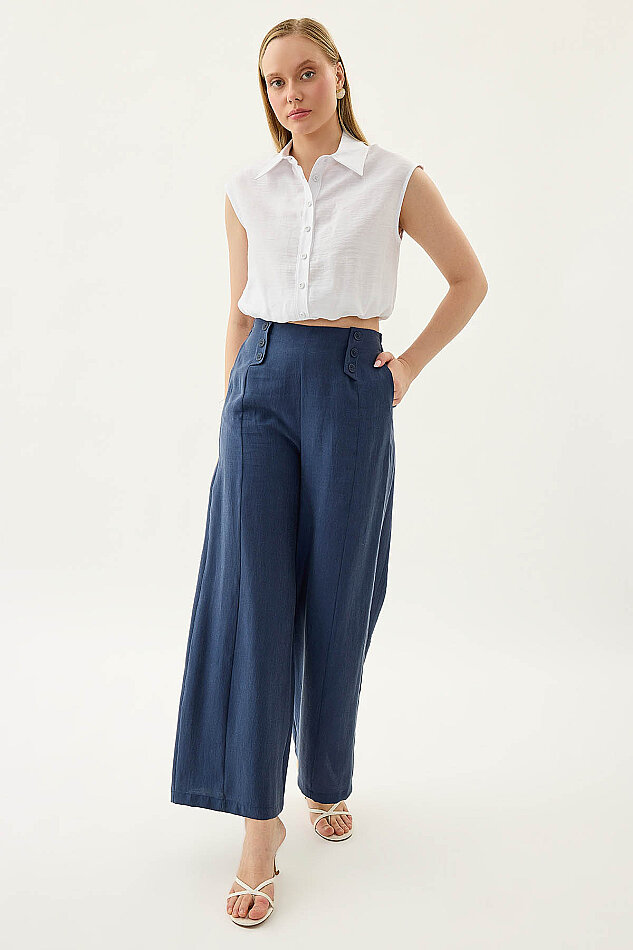 Düğme Detaylı Beli Lastikli Pantolon - 13