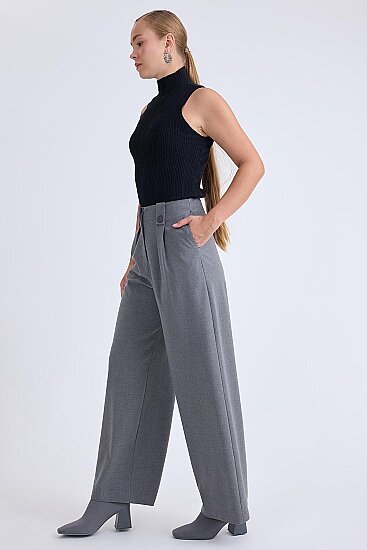 Düğme Detaylı Geniş Paça Pantolon - 3