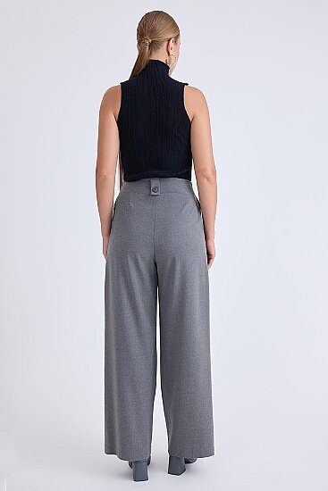 Düğme Detaylı Geniş Paça Pantolon - 4