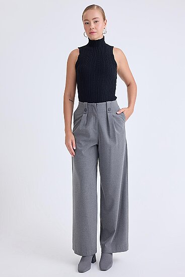 Düğme Detaylı Geniş Paça Pantolon - 1
