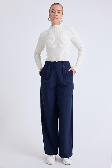 Düğme Detaylı Geniş Paça Pantolon - 5