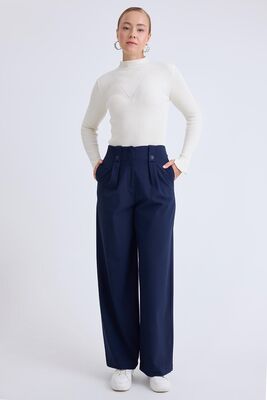 Düğme Detaylı Geniş Paça Pantolon - Thumbnail (4)