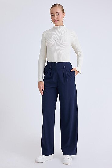 Düğme Detaylı Geniş Paça Pantolon - 7