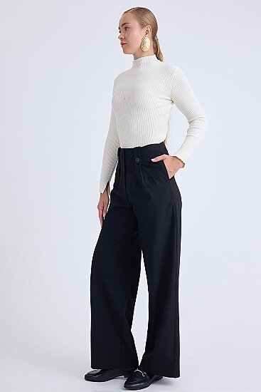 Düğme Detaylı Geniş Paça Pantolon - 10