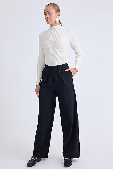Düğme Detaylı Geniş Paça Pantolon - 12