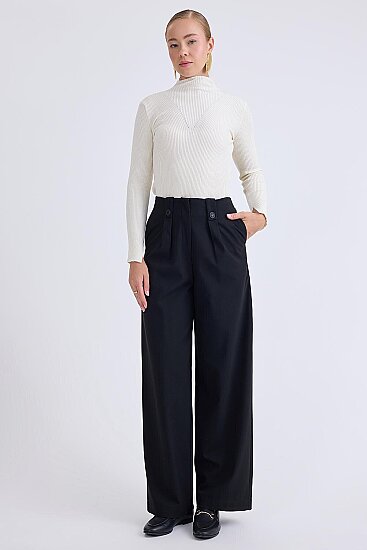 Düğme Detaylı Geniş Paça Pantolon - 9