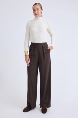 Düğme Detaylı Geniş Paça Pantolon - Thumbnail (13)