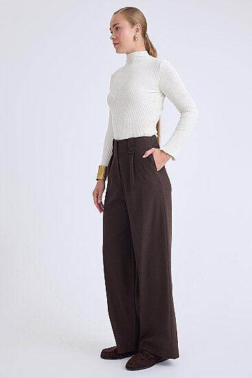 Düğme Detaylı Geniş Paça Pantolon - 16