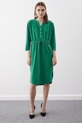 Düğmeli Beli Büzgülü Örme Elbise - 34