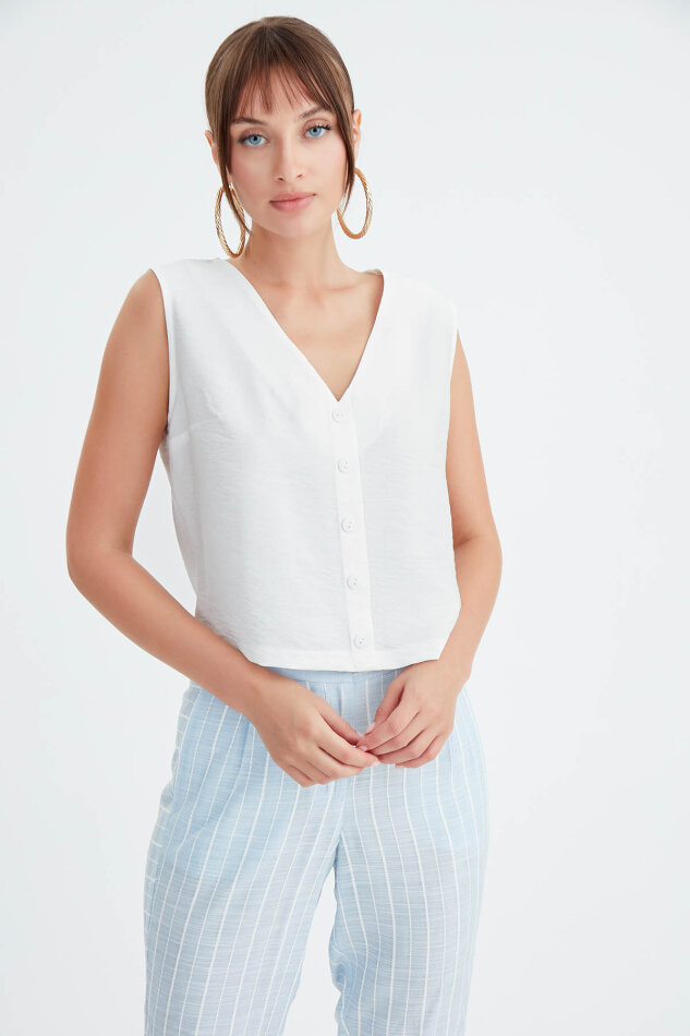 Düğmeli Crop Yelek - 2