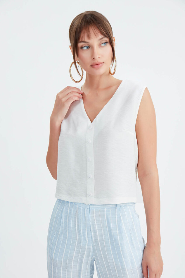 Düğmeli Crop Yelek - 3