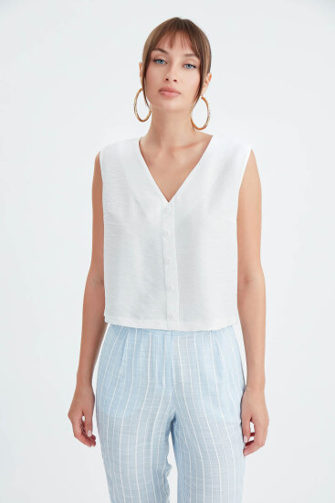 Düğmeli Crop Yelek - 1