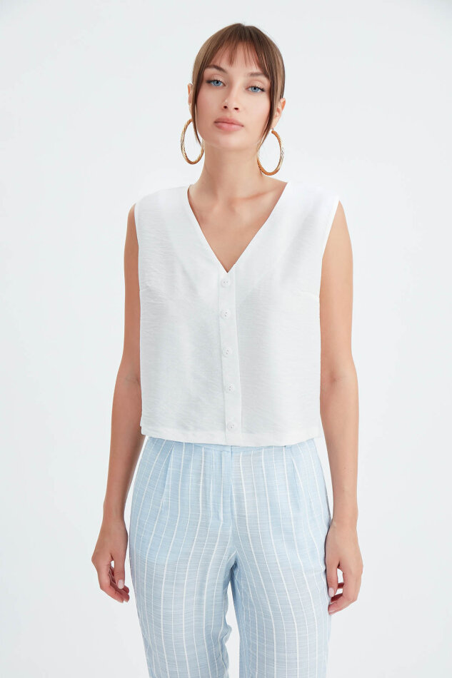 Düğmeli Crop Yelek - 1