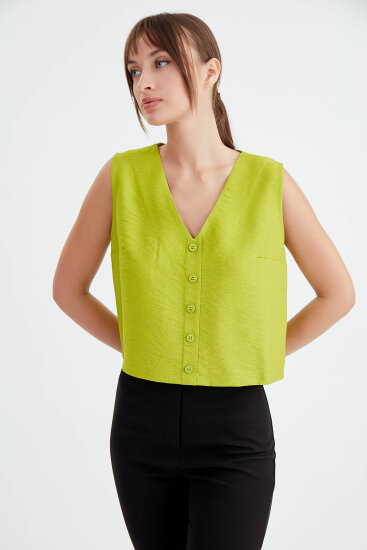 Düğmeli Crop Yelek - 6