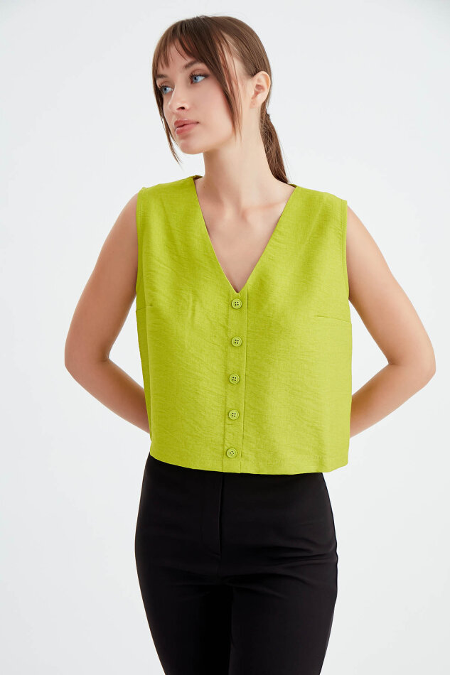 Düğmeli Crop Yelek - 6