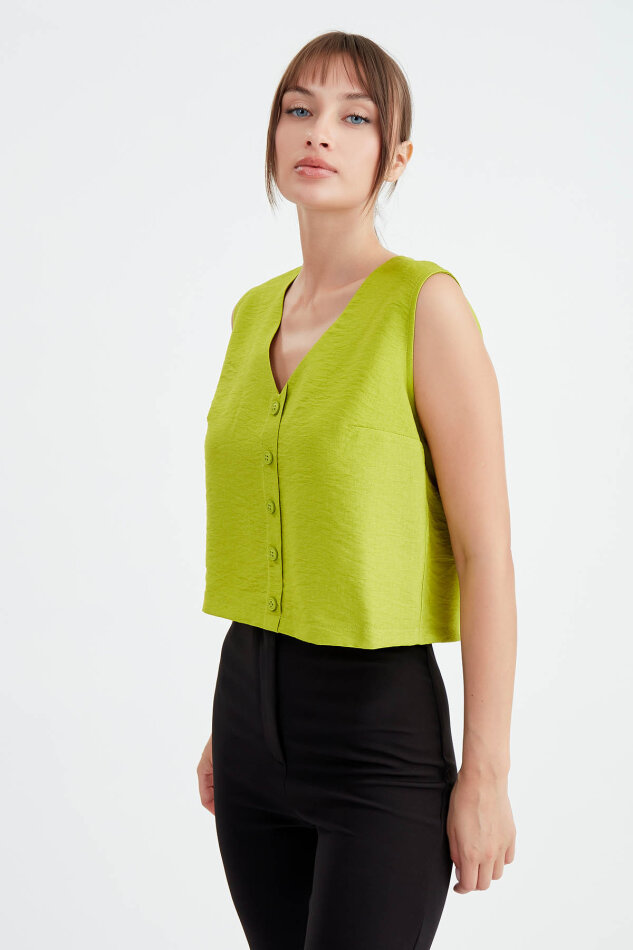 Düğmeli Crop Yelek - 7