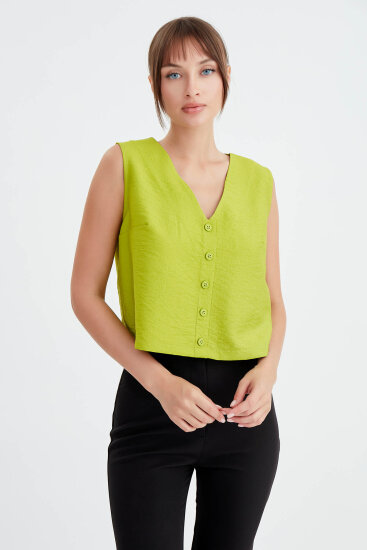 Düğmeli Crop Yelek - 8