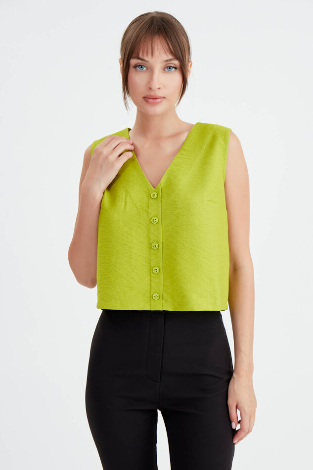 Düğmeli Crop Yelek - 5