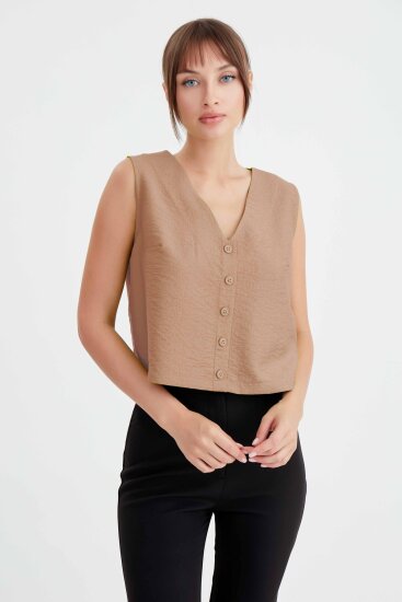 Düğmeli Crop Yelek - 11
