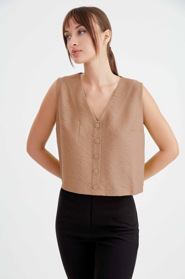 Düğmeli Crop Yelek - 10