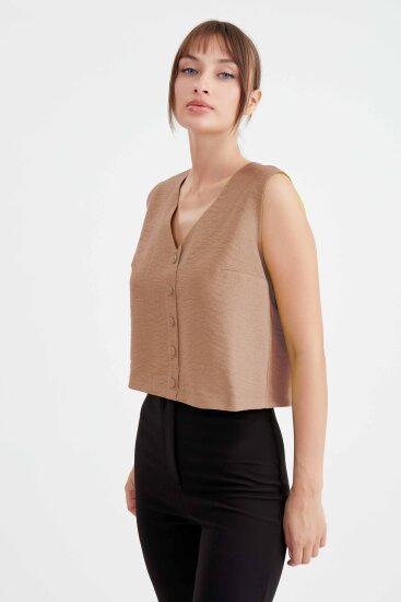 Düğmeli Crop Yelek - 12