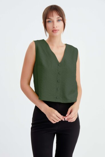 Düğmeli Crop Yelek - 15