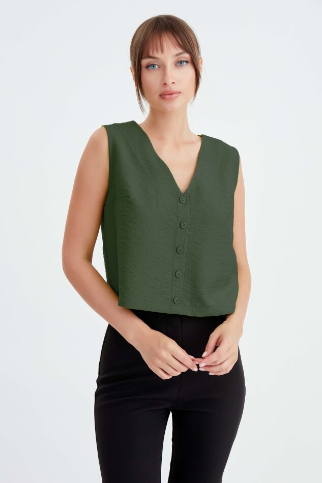 Düğmeli Crop Yelek - 15