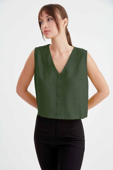 Düğmeli Crop Yelek - 16