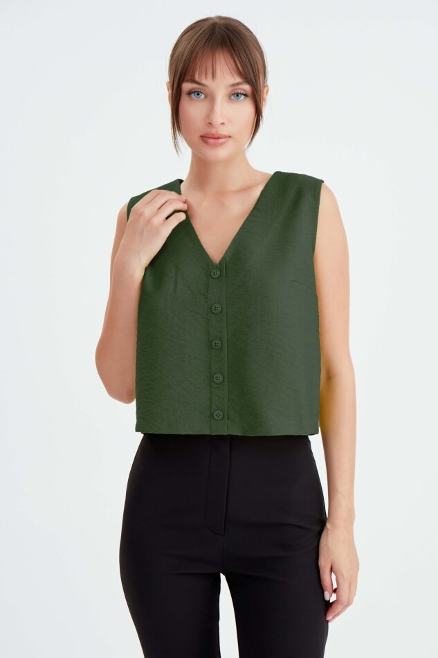 Düğmeli Crop Yelek - 14