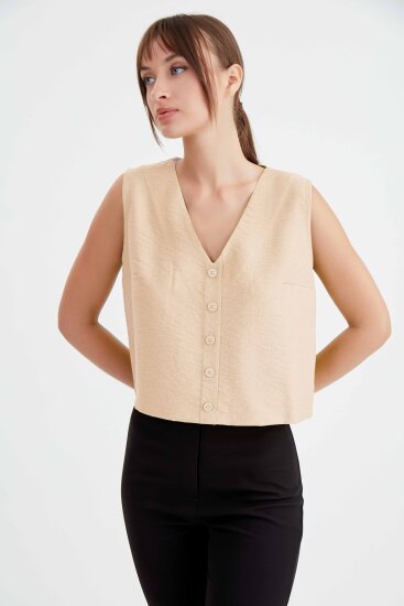 Düğmeli Crop Yelek - 23
