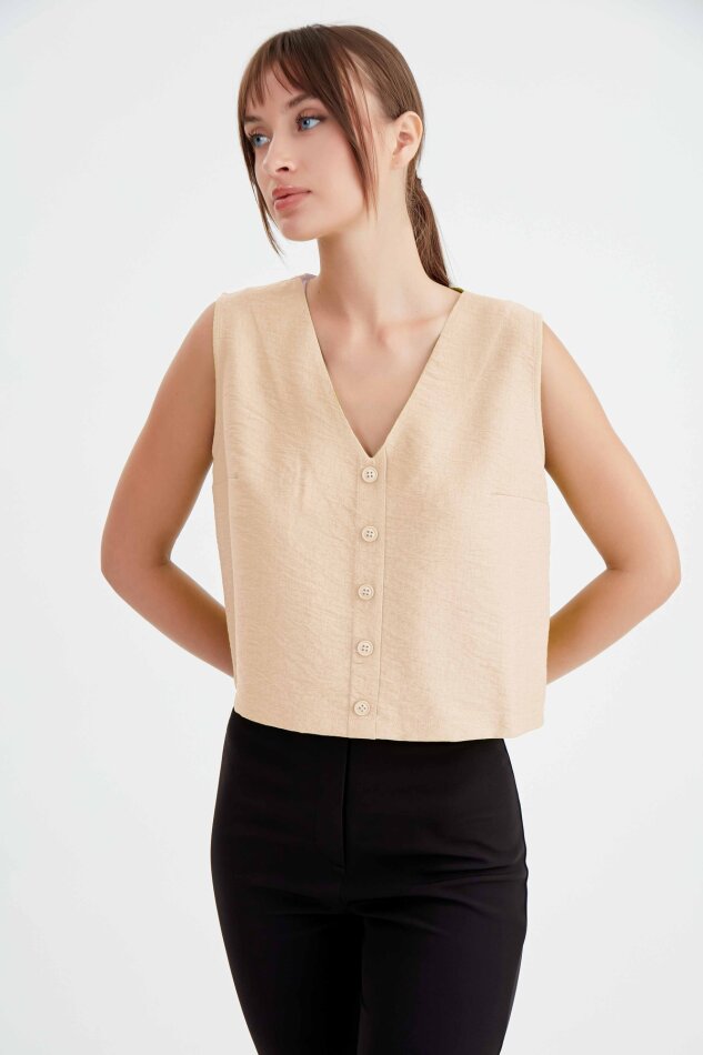 Düğmeli Crop Yelek - 23