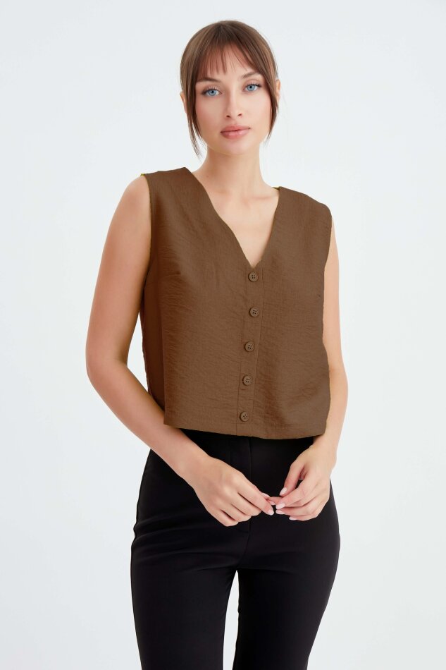 Düğmeli Crop Yelek - 27