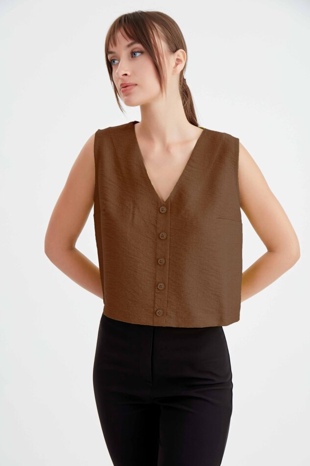 Düğmeli Crop Yelek - 26