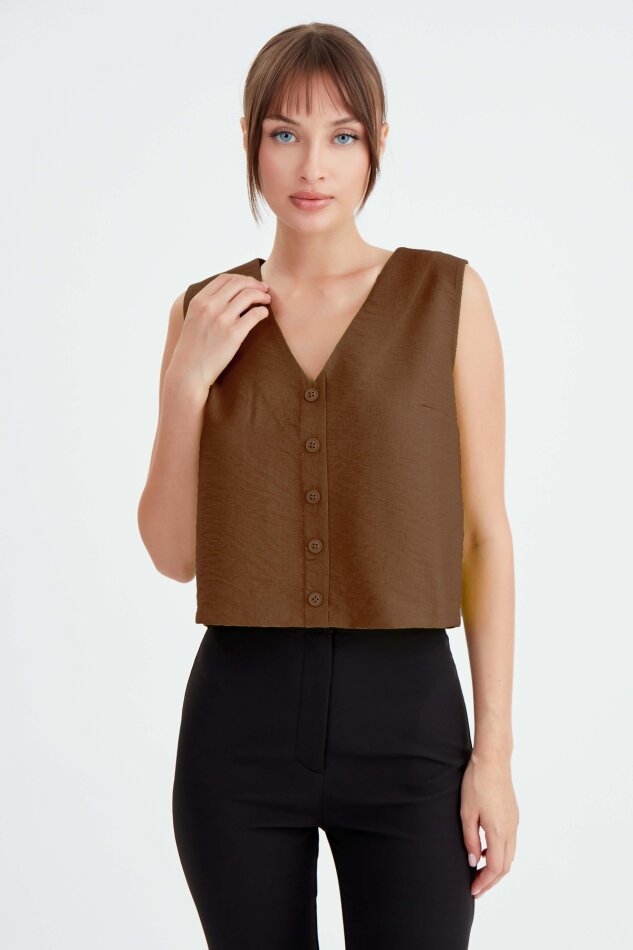 Düğmeli Crop Yelek - 28