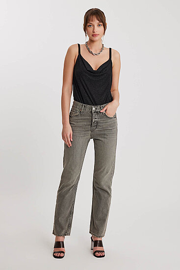 Düğmeli Mom Fit Jean Gri - 1