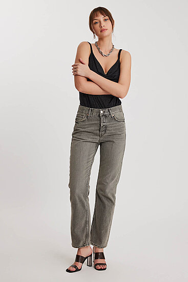 Düğmeli Mom Fit Jean Gri - 2