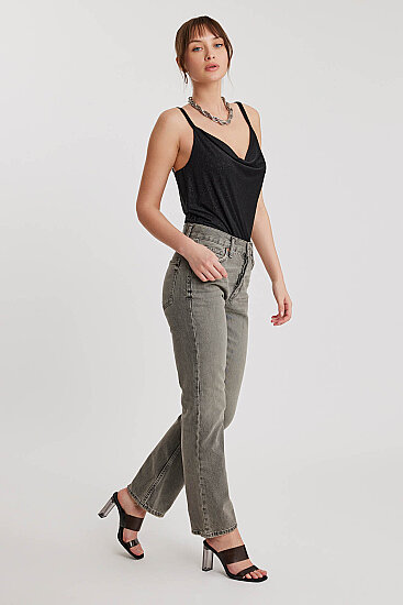 Düğmeli Mom Fit Jean Gri - 3