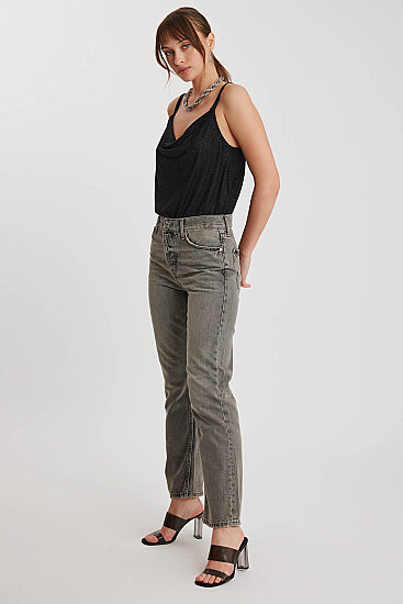Düğmeli Mom Fit Jean Gri - 4
